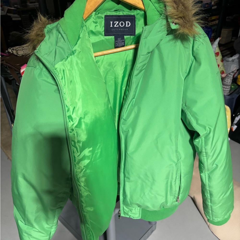 Izod Bright Green Puffer Jacket with Fur Trim